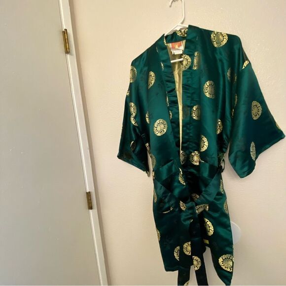 Emerald green Dragon gold medallion Asian Chinese Robe kimono OS - Picture 2 of 8